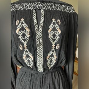 Fate black crepe embroidered off shoulder top. Peach and cream embroidery.  M